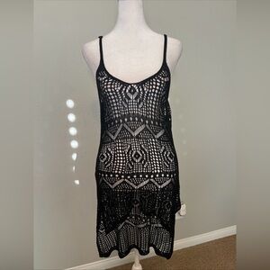 Black Crochet Knit Spaghetti Strap Hollow Knit Tunic/Swim Suit Cover Size Small